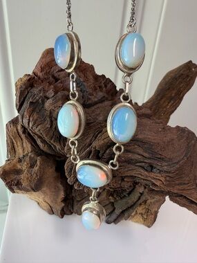 Opalite Oval Link Necklace - Blue White Opalescent Pendant